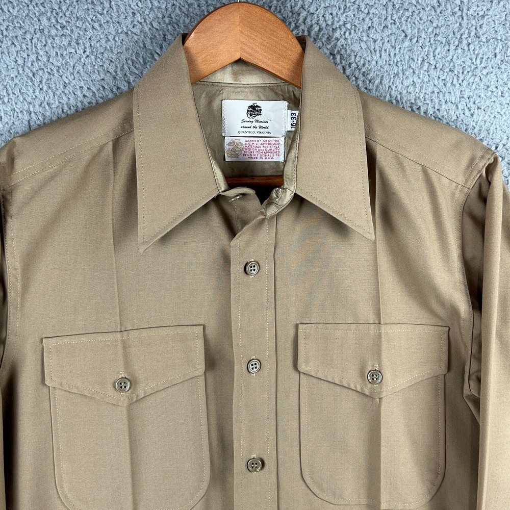 Vintage USMC Marines ACTWU Mens 16 33 Beige Uniform Shirt Polyester Wool Blend - Picture 2 of 13